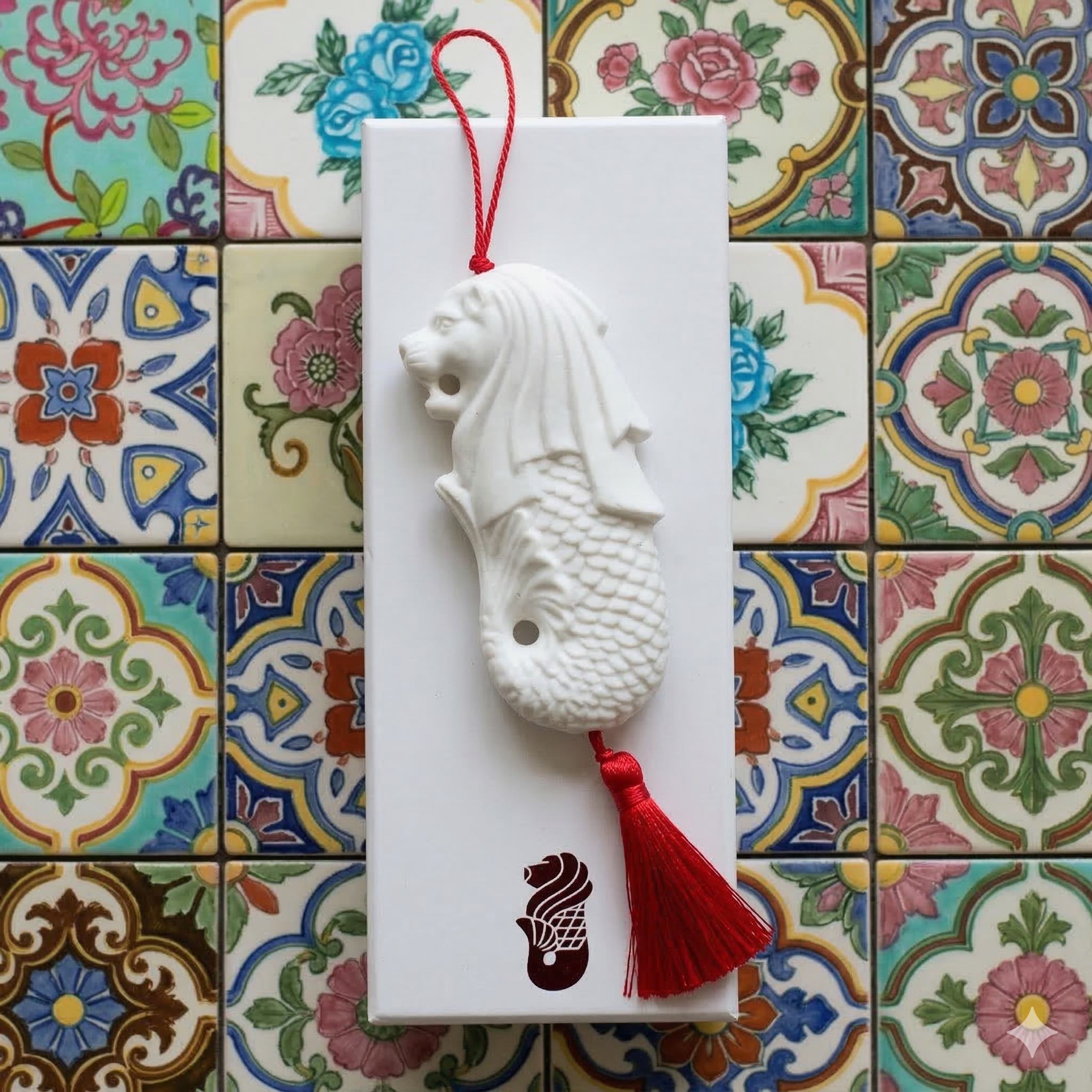 Merlion with tassel and display box on peranakan tiles